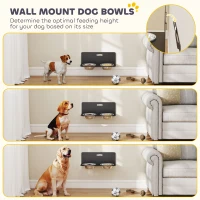 PawHut Wall Mount Dog Bowls, Adjustable Height Raised Dog Feeding Station with 2 Stainless Steel Bowls, 10kg Capacity, Black(m-4)
