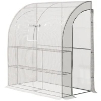 Outsunny Walk-In Lean to Wall Greenhouse with Windows and Doors, Outdoor Green House with 3 Tiers 4 Wired Shelves, 200L x 100W x 215Hcm, White(m-10)
