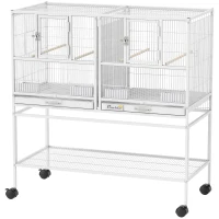 PawHut Gaiola para Pássaros Grande com Divisor Rodas 4 Comedouros 4 Poleiros Prateleira 2 Bandejas Removíveis 95x45,5x102 cm Branco(m-11)