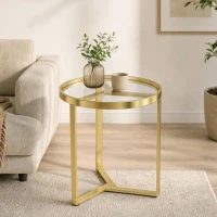 HOMCOM Round Side Table with Tempered Glass Top and Geometric Metal Frame for Small Space, Gold Tone(m-2)