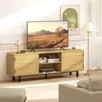 HOMCOM Meuble TV, meuble télé jusqu'à 65 pouces, 2 portes à ouverture par pression et 2 étagères, 160x35x55,5cm, bois naturel(m-2)