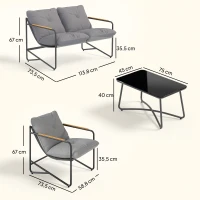 Outsunny Salon de Jardin 4 Pièces Ensemble avec Canapé 2 Places, 2 Fauteuils et Table Basse Verre Trempé Coussins 13cm Gris Clair(m-3)