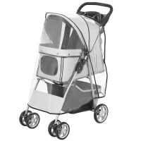 PawHut Cărucior pentru Câini Pliabil cu Husă de Ploaie, Roți Rotative și Pernă Lavabilă, Oțel și Poliester, Gri(m-12)