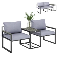 Outsunny 3-teiliges Balkonmöbel Set 2 Sessel mit Tisch abnehmbar Sitz-& Rückenkissen atmungsaktiv Bezug Grau(m-12)