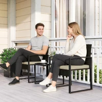 Outsunny Rattan Bistro Set, 3 Piece Garden Furniture Set with Glass Top Table and Cushions, Khaki(m-10)