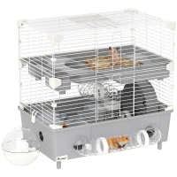 PawHut Cage pour hamster  à 2 niveaux avec roue de course salle de bain en sable pour hamster nain 44,5 x 28 x 44 cm gris(m-11)