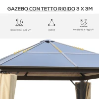 Outsunny Gazebo da Giardino 3x3m con Tetto in Policarbonato e Zanzariere, Caffè e Khaki(m-4)