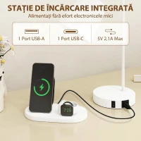 HOMCOM Set de 2 Veioze Moderne din Oțel cu Porturi USB, Soclu E27, Bec Neinclus, Alb(m-4)