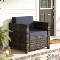 Outsunny PE Rattan Garden Armchair with Cushion - Mixed Brown/Navy Blue(m-10)