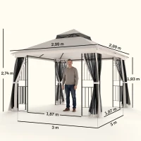 Outsunny Gartenpavillon mit Doppeldach Pavillon Gartenzelt Festzelt Partyzelt mit 4 x Seitenwand Metall+Polyester Beige 2,99 x 2,99 x 2,74 m(m-3)