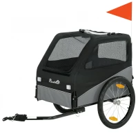 PawHut Remorque Vélo Chien avec Pneus 20", Attache Universelle, Réflecteurs, Drapeau, Laisse, 139x72x88cm, Gris et Noir(m-1)