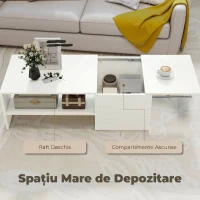 HOMCOM Măsuță de Cafea din Lemn cu Blat Glisant și Raft Deschis și Ascuns, 110x52x36 cm, Alb(m-5)