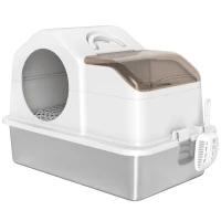 PawHut Lettiera per Gatti Chiusa con Tappetino Raccogli-sabbia, in Acciaio Inox, ABS e PP, 60.5x40.5x45 cm, Bianca e Argento(m-1)