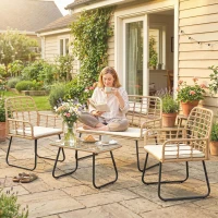 Outsunny 4 Piece Rattan Garden Furniture Set, Outdoor Patio Furniture with Loveseat, Armchairs and Coffee Table(m-10)