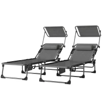 Outsunny Set de 2 Tumbonas Plegables con Reposacabezas Parasol Bolsillo Lateral y Respaldo Reclinable en 5 Posiciones Gris(m-11)