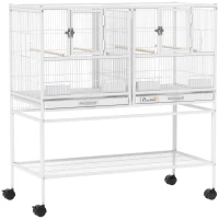PawHut Jaula para Pájaros Grande con Divisor Ruedas 4 Comederos 4 Perchas Estante 2 Bandejas Extraíbles 95x45,5x102 cm Blanco(m-1)