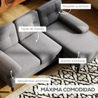 HOMCOM Sofá Esquinero de 3 Plazas Tapizado en Chenilla en Forma de L con Patas de Madera y Reposabrazos 215x142x88 cm Gris(m-5)