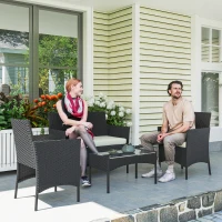 Outsunny 4 Piece Rattan Garden Furniture Sofa Set with Loveseat, Armchairs, Glass-Top Coffee Table and Cushions, Cream White(m-10)