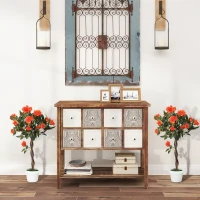 Outsunny Plantă artificială de trandafir cu 21 de flori, ghiveci umplut cu ciment și mușchi, Ø18x90 cm, portocalie(m-4)