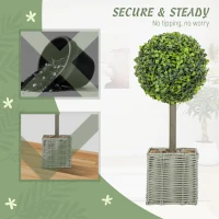 HOMCOM Set of 2 Decorative Artificial Plants, 50cm Faux Boxwood Topiary Balls with Woven Plastic Pot and Pebbles, Fake Plants for Home or Office Decor, Green(m-7)