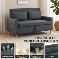 HOMCOM Sofá de 2 Plazas Tapizado en Lino Sintético con Espacio de Almacenaje 2 Almohadas y Patas de Madera 135x71x84 cm Gris(m-5)