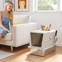 PawHut Bac à litière pour chat fermé, maison de toilette pour chat en acier inoxydable, 60,2 x 40,2 x 43,7 cm, gris clair(m-10)