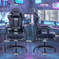 HOMCOM Chaise gaming ergonomique, fauteuil gamer avec support lombaire massant, dossier inclinable, hauteur réglable, noir(m-3)