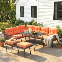 Outsunny 6 Piece Rattan Garden Furniture Set, 8 Seater Garden Corner Sofa with Cushions and Glass Top Table, Orange(m-14)