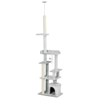 PawHut Albero Tiragraffi per Gatti a Soffitto con Piattaforme e Casetta, 60x40x225-255cm, Grigio(m-1)
