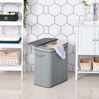 HOMCOM 100L Natural Wood Laundry Basket A Compartment w/Flip Lid Removable Lining Handles Board Base Foldable Durable Water-Resistant Dirty Clothes Storage Home Organisation Grey(m-2)