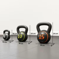 SPORTNOW Set 3 kettlebell de 2,2 kg, 4,5 kg și 6,8 kg cu bază plată și suport de greutăți, din plastic și nisip, negru(m-3)