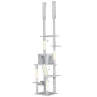 PawHut Copac pentru Pisici cu Fixare pe Tavan, Înălțime Reglabilă 225-255 cm cu Căsuță și Hamac, Gri Deschis(m-1)