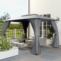 Outsunny Gazebo da Giardino 4x3m con Doppio Tettuccio, Pareti in Poliestere e Struttura in Acciaio, Grigio(m-8)