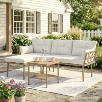 Outsunny Set mobilier grădină colțar 4 persoane, 3 piese cu măsuță și perne confortabile incluse, ratan împletit, crem(m-2)