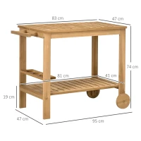 Outsunny Cărucior de Servire pentru Grădină din Lemn de Brad, Cărucior cu Rafturi și Suport pentru Sticle, 95x47x74 cm, Natural(m-3)