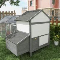 PawHut Cuibar din Lemn pentru Găini Ouătoare de Exterior cu 2 Zone Laterale, Căsuță, Cuib, Acoperiș Impermeabil, Sertar Detasabil, Loc de Odihnă, Uși și Rampă, pentru 2-4 Găini, 247x118x113.5 cm, Gri(m-8)