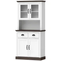 HOMCOM Dulap de bucătărie înalt cu uși din sticlă 2 sertare rafturi reglabile compartiment deschis 80x38x170 cm Alb(m-1)