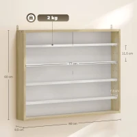 HOMCOM Vitrina de Pared de Madera con Estantes Ajustables y 2 Puertas Correderas de Cristal 80x9,5x60 cm Blanco y Natural(m-3)