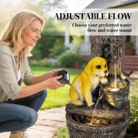 Outsunny Garden Water Feature with 3-Tier Rustic Puppy Design, Freestanding Resin with LED Lights, Adjustable Flow, Rustic Brown(m-6)