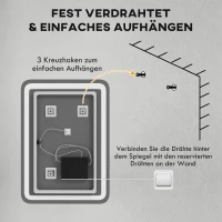 HOMCOM Badezimmerspiegel, beleuchtet, Touch-Steuerung, beschlagfrei, dimmbar, 3 Lichtfarben, 50x70, Silber(m-9)