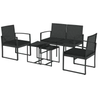 Outsunny Set da Giardino con 2 Sedie, Divanetto e 2 Tavolini con Cuscini e Piano in Vetro, Nero(m-1)