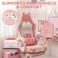 HOMCOM Sedia da Gaming Ergonomica con Orecchie da Gatto, Poggiapiedi, Supporto Lombare e Cervicale, Rosa(m-6)