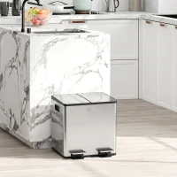 HOMCOM Papelera Cocina de Acero Inoxidable con 2 Compartimentos 2x15L Pedal Tapas de Cierre Suave y Cubo Extraíble Plata(m-2)