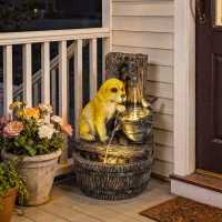 Outsunny Garden Water Feature with 3-Tier Rustic Puppy Design, Freestanding Resin with LED Lights, Adjustable Flow, Rustic Brown(m-9)