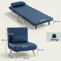 HOMCOM Sofá Cama Individual Plegable con Respaldo Ajustable 5 Posiciones Sillón Cama Tapizado con Cojín 72x75x85 cm Azul(m-3)