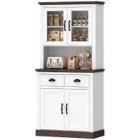 HOMCOM Hoher Küchenschrank mit Glastüren 2 Schubladen verstellbare Einlegeböden offenes Fach 80x38x170 cm Weiß(m-7)