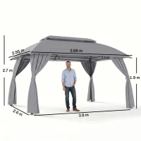 Outsunny Gazebo da Giardino 4x3m con Doppio Tettuccio, Pareti in Poliestere e Struttura in Acciaio, Grigio(m-3)