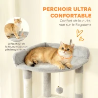 PawHut Arbre à chat tour de jeux 7 poteaux à griffer 3 platesformes 2 niches tunnel hamac et 2 pompons 170 cm gris foncé(m-5)