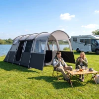Outsunny 4 Person Camping Tent, Waterproof Family Tent, Tunnel Design, 4 Large Windows, Sleeping Cabins 3000mm Water Column Grey(m-8)