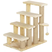 PawHut 4-step Pet Stairs with Scratching Posts, Platforms, Toy Ball, Beige(m-1)